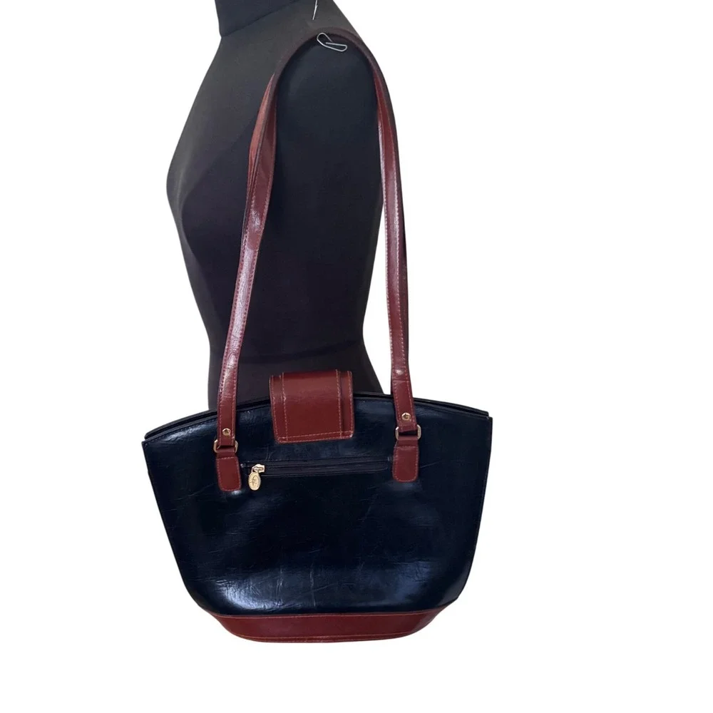 Vintage Chiltern Satchel Tote Black Brown Leather Handbag 10.5x15x10x4.5 EUC 90s